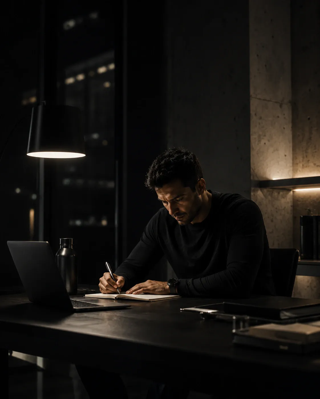 Man writing in a notebook next to a laptop at a desk lit by a single lamp at night